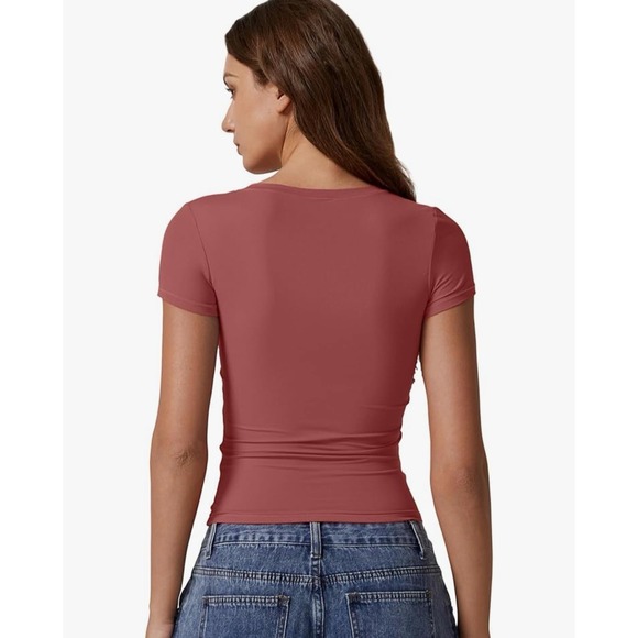 QINSEN Womens Large Merlot Crop T Shirt Crew Neck Short Sleeve Y2K Casual - Picture 2 of 7